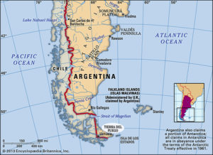 Mapa do sul do continente incluindo Patagonia, Ilhas Malvinas e Tierra del Fuego